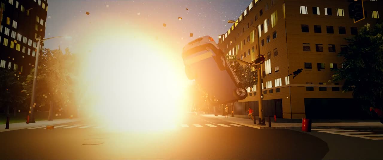 A police car thrown into the air by a rocket blast