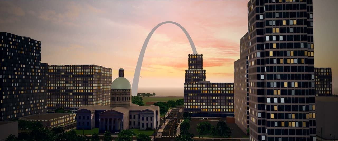 Sunrise behind the Gateway Arch and the Old Courthouse