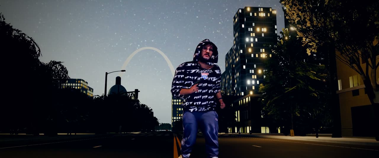 The player's character walking a night street