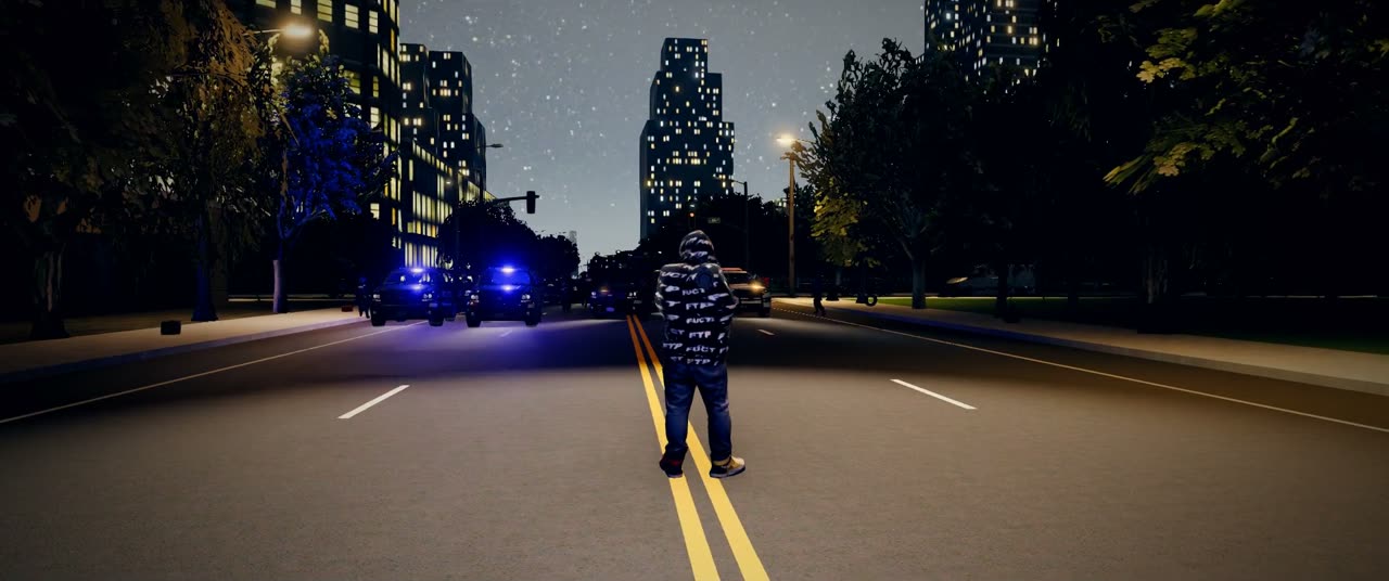 Police cars with lights on, closing in on a man in the street at night